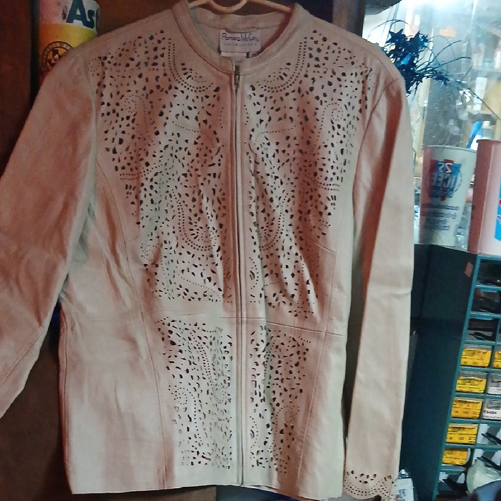 Pamela McCoy Tan Leather Jacket with Intricate Embellishments
